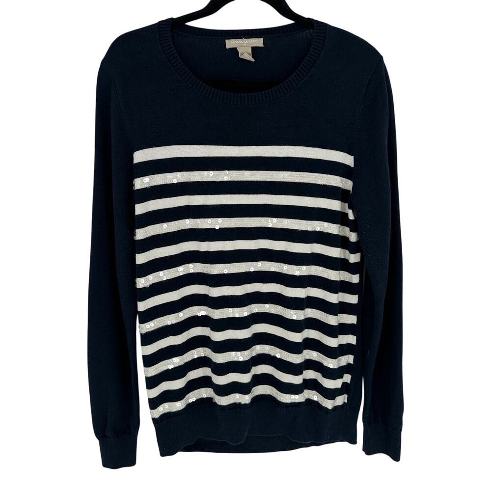 Banana Republic‎ Navy Blue White Striped Sequined Sweater Crewneck Sparkle XL